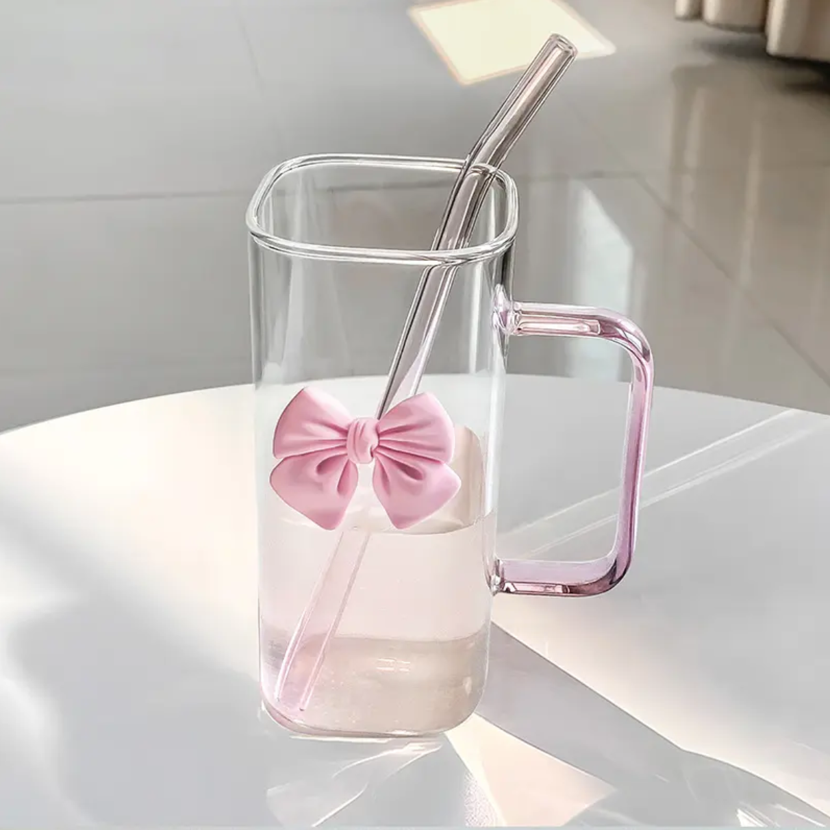 Pink Bow Design - Transparent Square Glass Cup