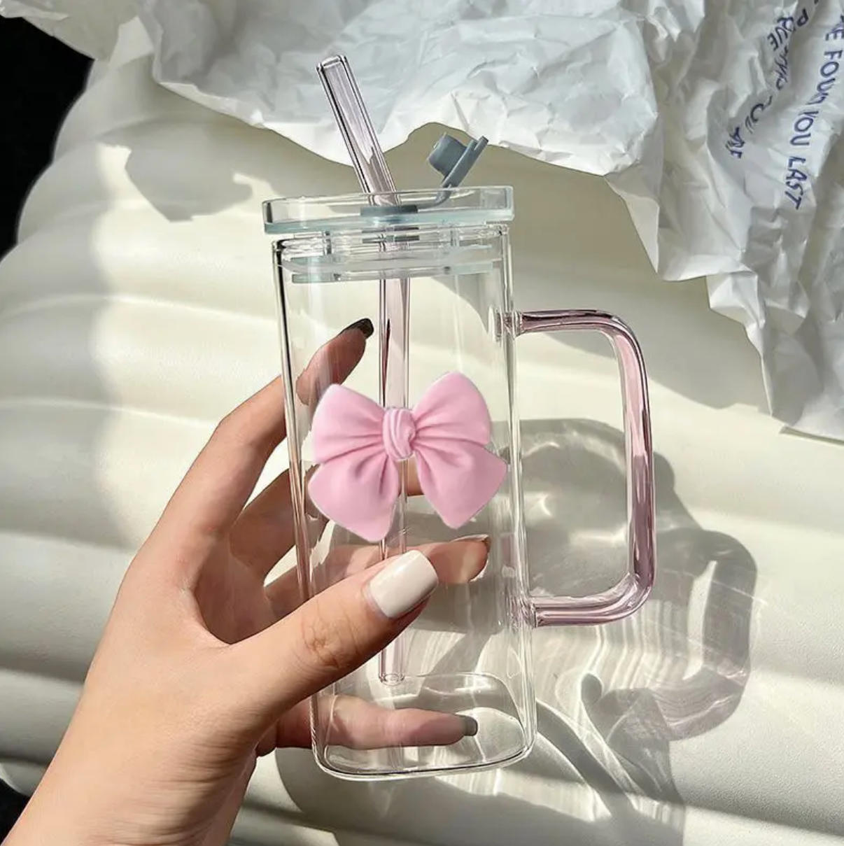 Pink Bow Design - Transparent Square Glass Cup