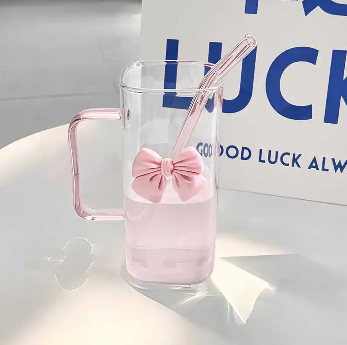 Pink Bow Design - Transparent Square Glass Cup