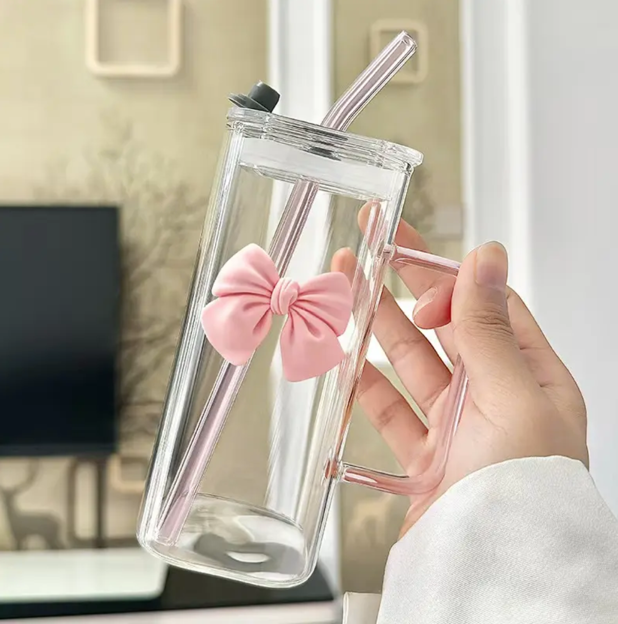 Pink Bow Design - Transparent Square Glass Cup