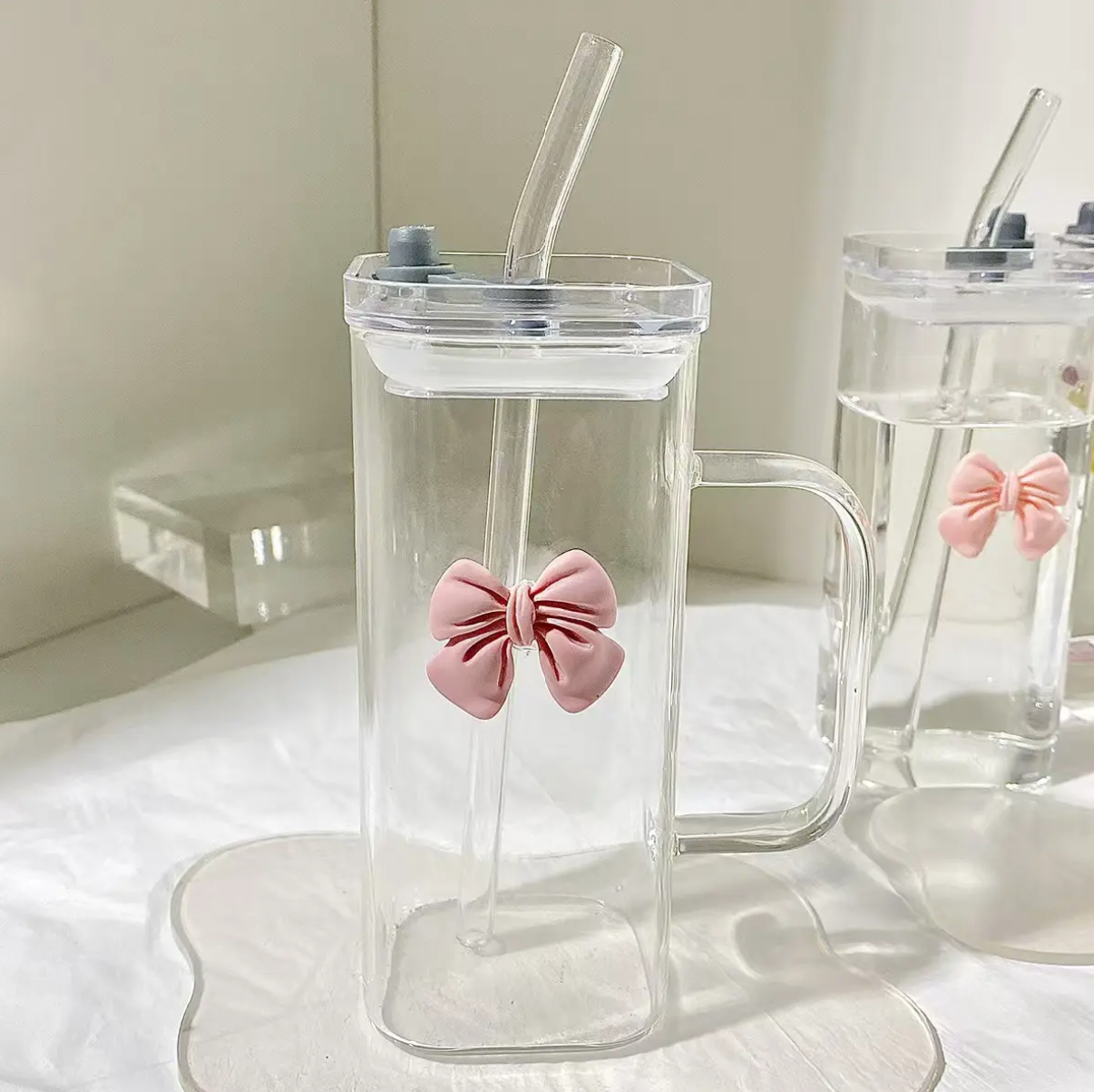 Pink Bow Design - Transparent Square Glass Cup